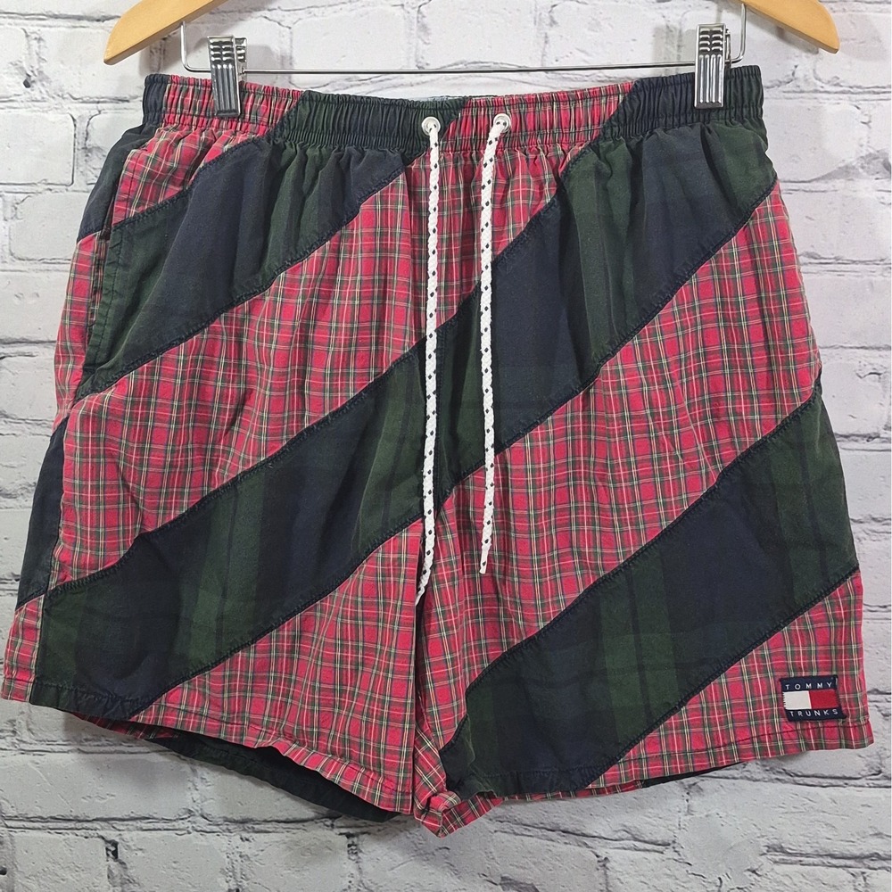 90s Tommy Hilfiger Mens Swim Trunks M Plaid Patchwork Lined Preppy Old Money Y2K